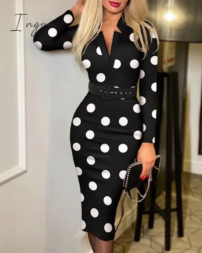 Ingvn - Spring Outfits Trends Office Lady Long Sleeve V-neck Maxi Dress Spring Autumn Vintage Print Slim High Waist Belted Vestidos De Mujer Elegant Dresses