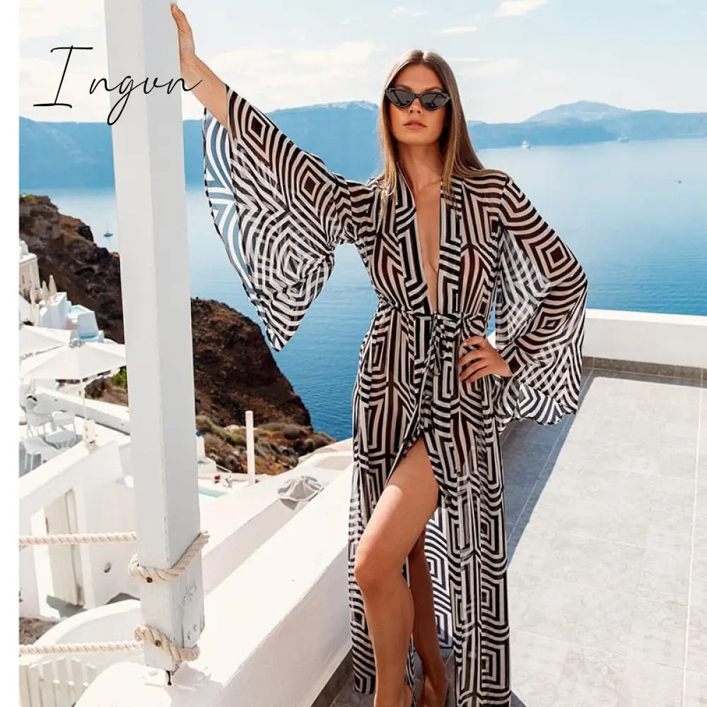 Ingvn - 2023 Swimsuit Cover Up Kaftan Tunic Dress Print Chiffon Pareo Kimono Summer Women Beachwear Beach Cover-up Cardigan Outfits