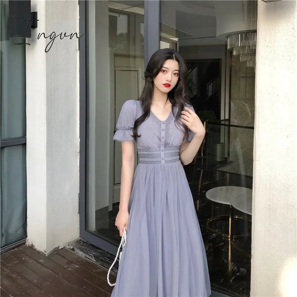 Ingvn - New Summer Mesh Dress Female V-neck Short Puff Sleeve A-line Women Dress Slim Korean Style Mesh Elegant Vintage Vestidos