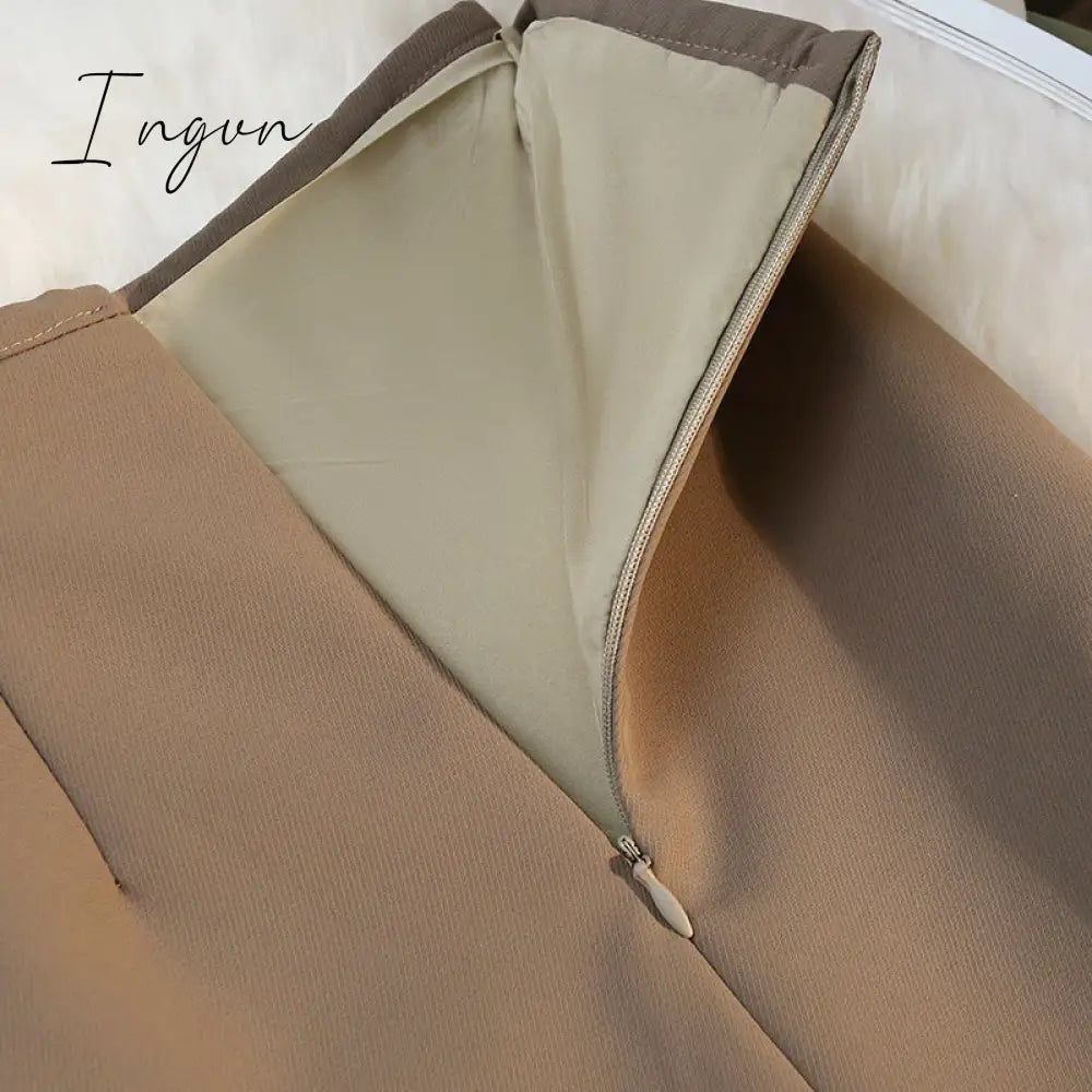 Ingvn - Fashion Elegant Formal Skirts Women Autumn New High Waist Drape Suit Long Brown Skirt Zipper Female