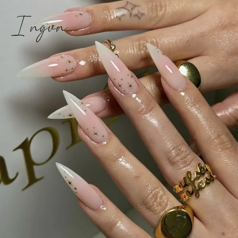 24Pcs False Nails With Glue Almond Pink Butterfly Design Detachable Rhinestones Acrylic Fake Nails long stiletto Press On Nails