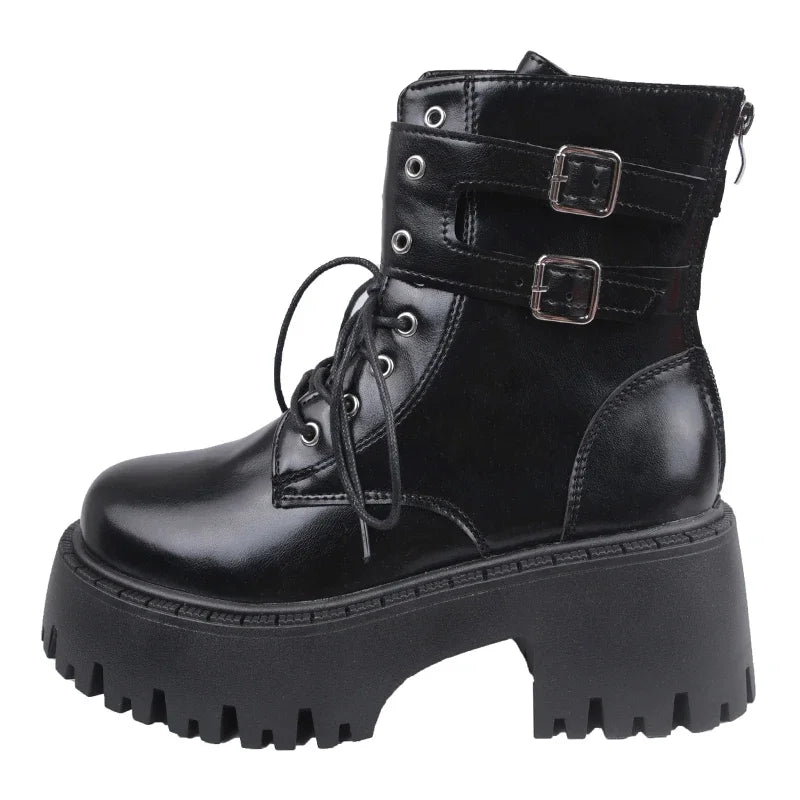 Ingvn  Autumn Women Motorcycle Boots Fashion Lace Up Short Booties Autumn Winter Female Platform Heel Shoes