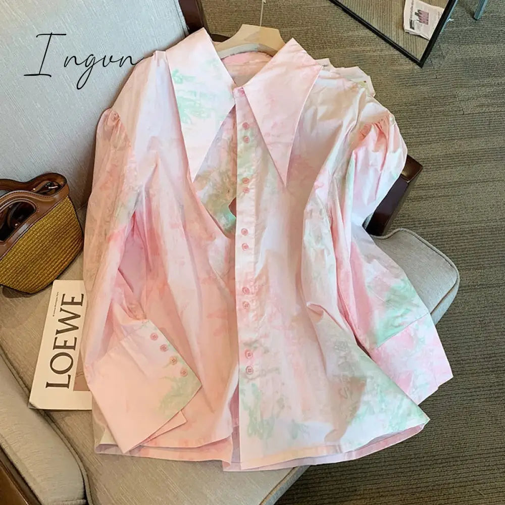 Ingvn - Korean Fashion Tie Dye Loose Long Sleeve Single Breasted Shirt 2023 Spring Women's Turn-Down Collar Casual Female Blouse