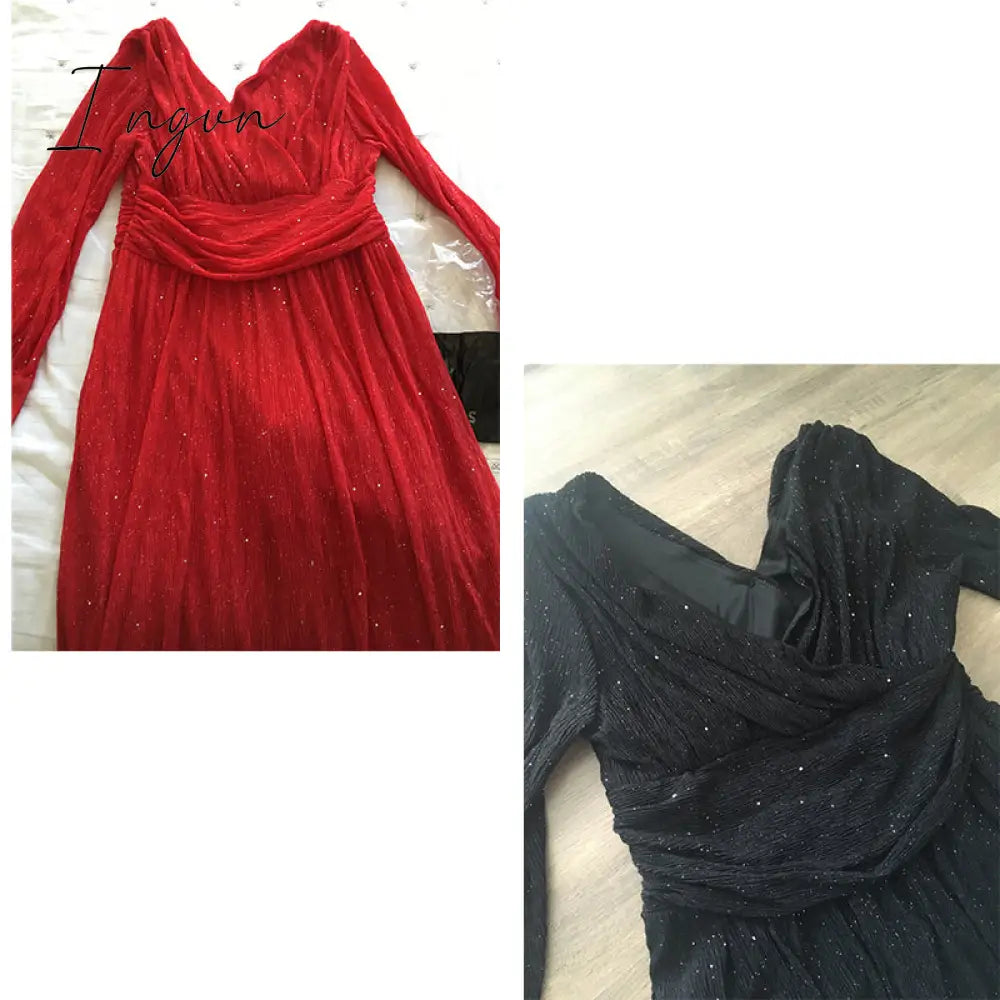 Ingvn - Vintage Glitter Long Maxi Dress Women Spring High Waist Long Sleeve Elegant Boho Dress Shiny Party Dress Plus Size Sexy