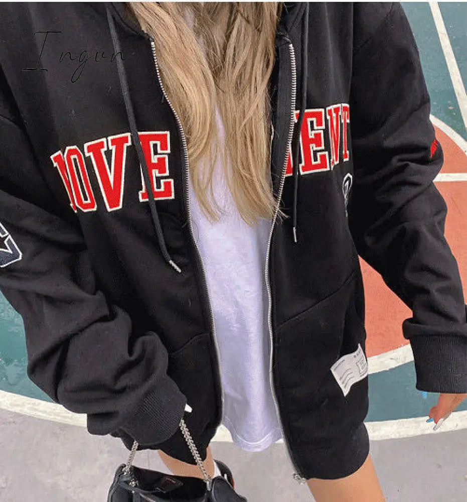 Ingvn - Y2K Vintage Oversized Women Hoodies Harajuku Aesthetic Zip Up Hooded Sweatshirt Top Long Sleeve E Girl Clothes Casual ins