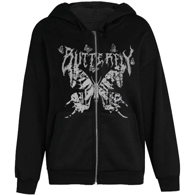 Y2K Retro Dark Gray Butterfly Zipper Hooded Sweatshirt 90s Harajuku Punk Gothic Zip Up Hoodie Long-sleeved Loose Jacket