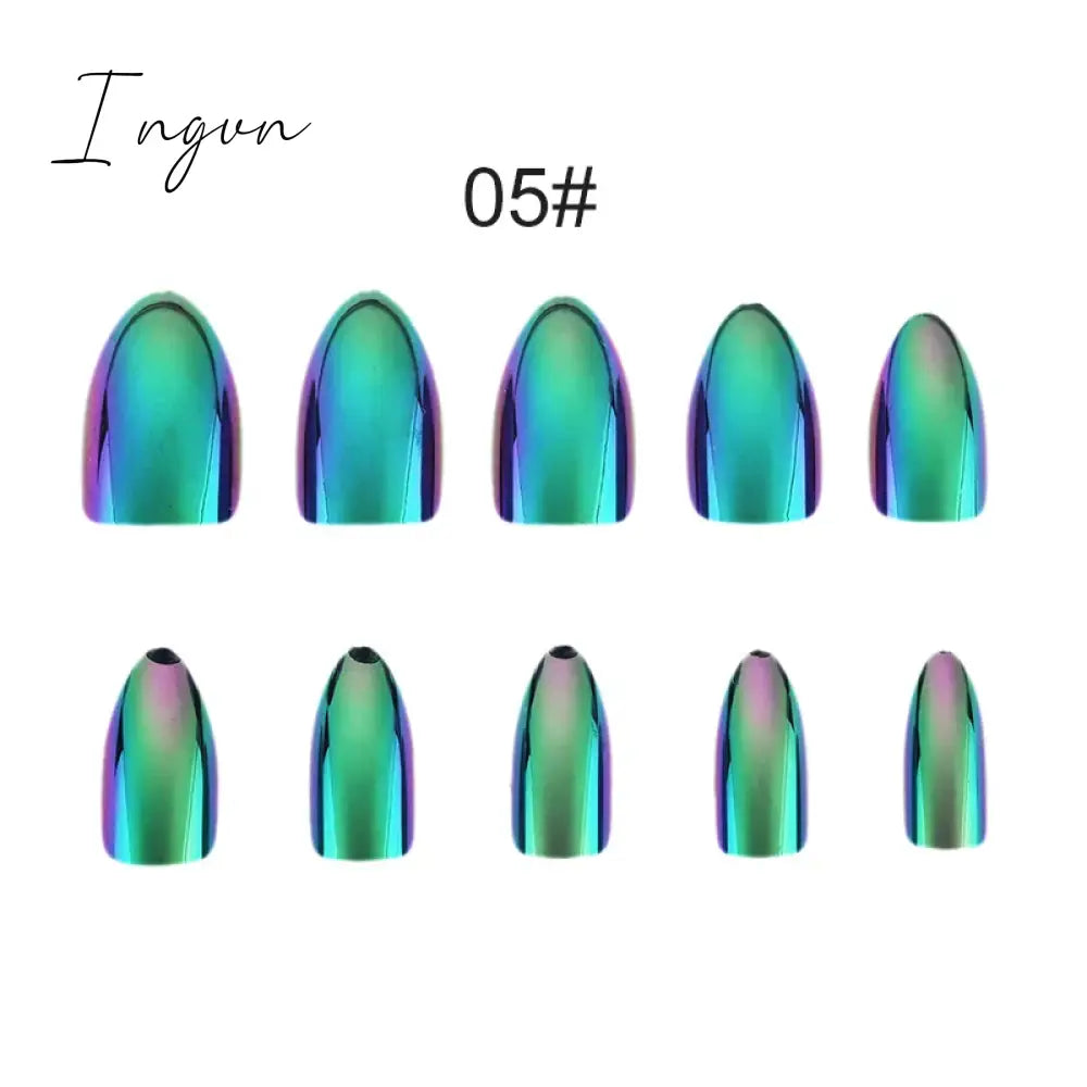 Nails STILETTO Fake Nail Tips 12pcs/Box Metallic False Nail Art Manicure Press on Nails Mirror Look