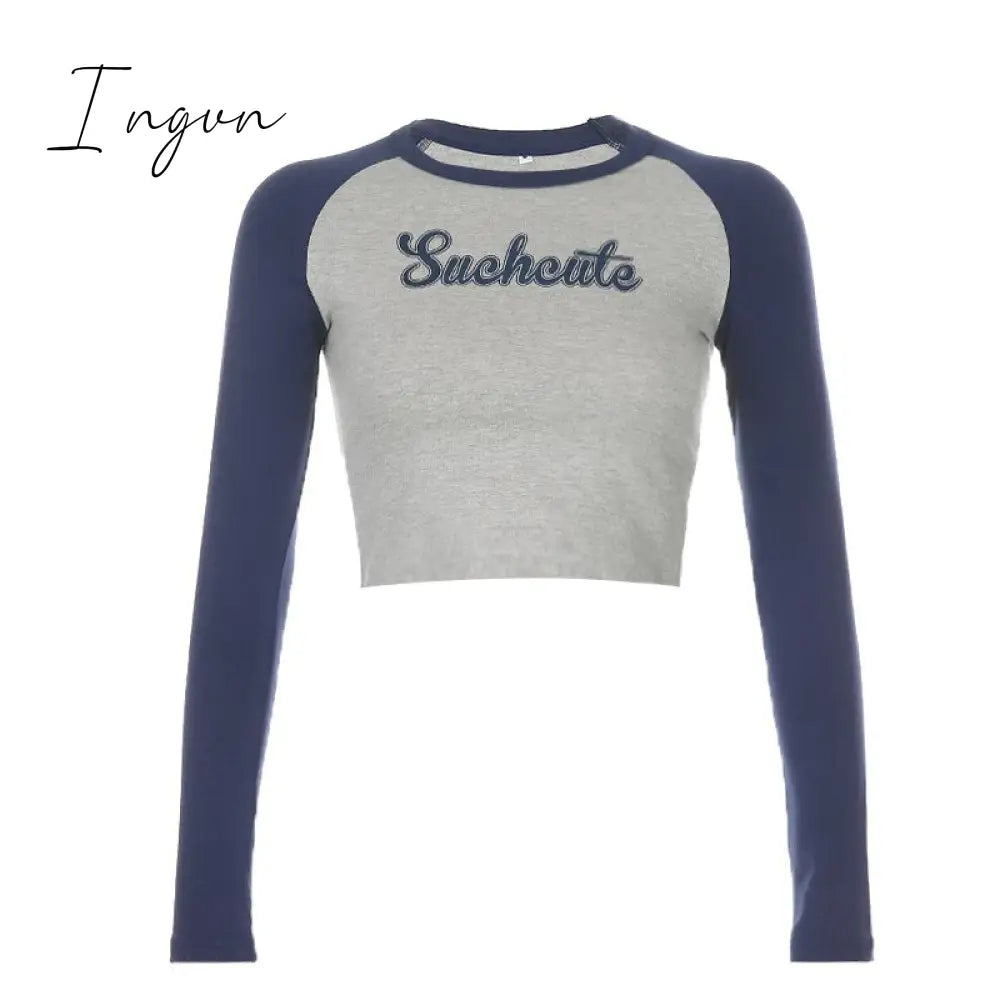 Ingvn - Patchwork Letter Print Casual Cotton Tshirt Women Fashion Long Sleeve Cropped T-shirt Ladies Skinny Basic Streetwear