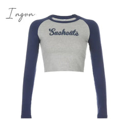 Ingvn - Patchwork Letter Print Casual Cotton Tshirt Women Fashion Long Sleeve Cropped T-shirt Ladies Skinny Basic Streetwear