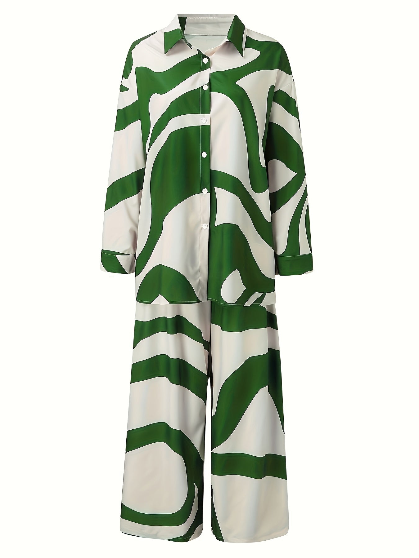 Long Sleeve Plus Size Two-piece Set, Geometric Print Buttons Shirts & Wide Leg Pants Outfits, Women's Clothing