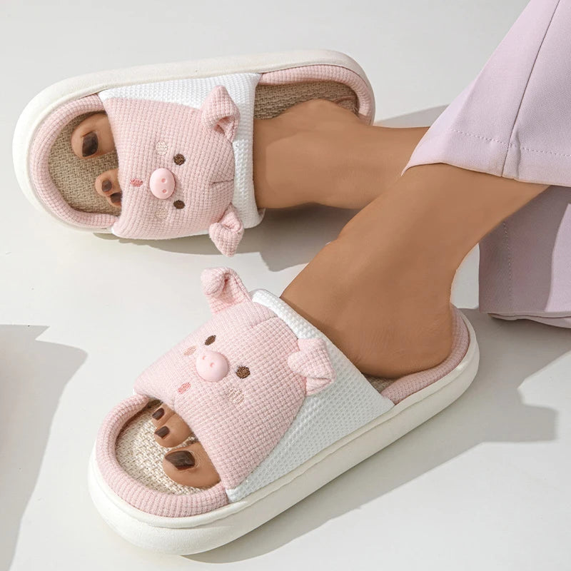 Ingvn  Cute Cartoon Pig Hemp Slippers Women  Winter Comfort Soft Sole Funny Cotton Slippers Woman Non Slip Flat Heels House Shoes