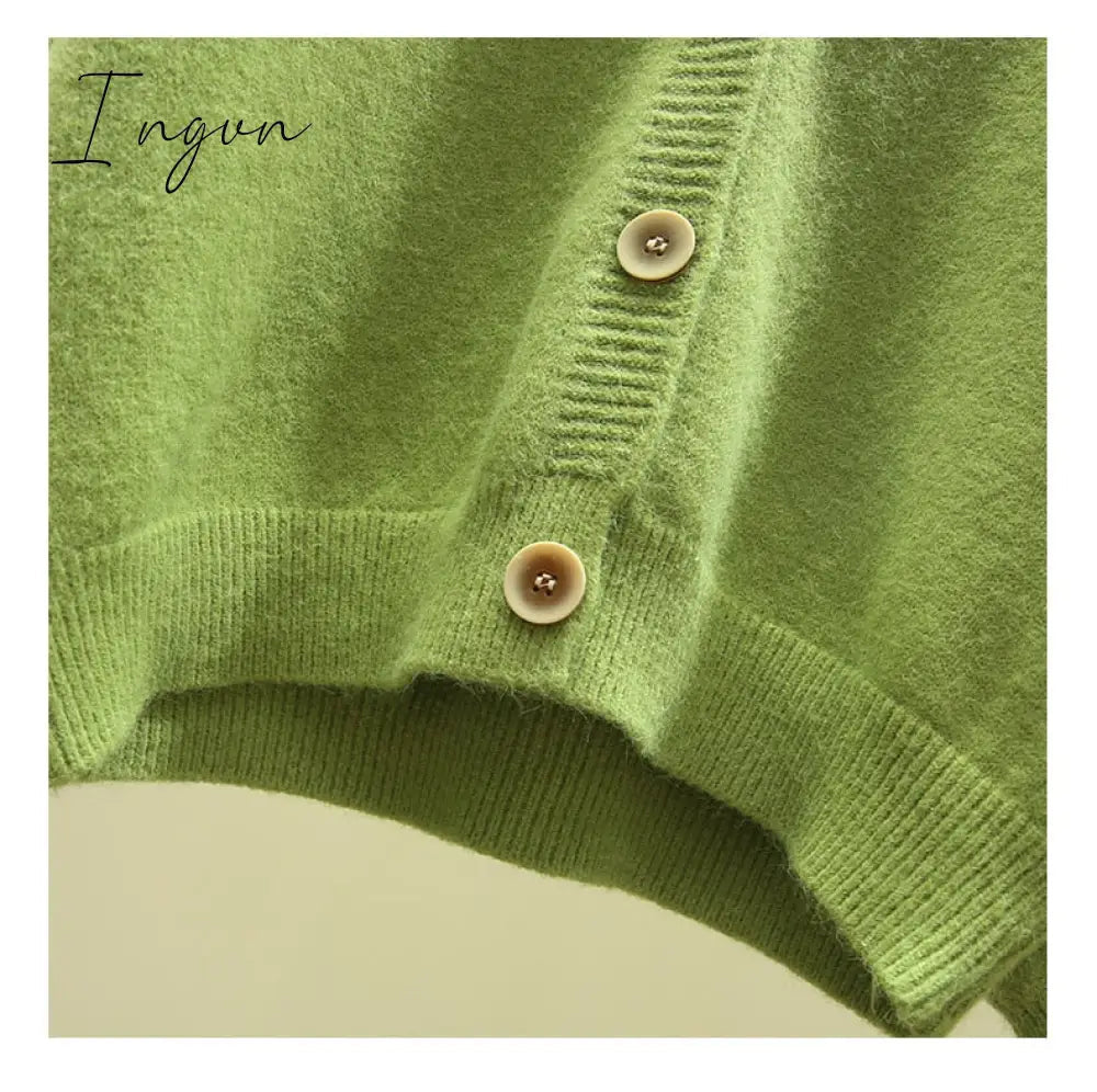 Ingvn - Oversized Cardigan Women Spring Casual Solid V Neck Long Sleeve Cardigan Sweater Female Knit Jacket Coat Green Pink