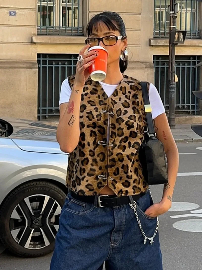 Ingvn  Woman Clothing Fashion Leopard Print Vest Sexy V-neck Sleeveless Cardigan Tops Streetwear  Autumn Female Casual Tank Tops