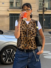 Ingvn  Woman Clothing Fashion Leopard Print Vest Sexy V-neck Sleeveless Cardigan Tops Streetwear  Autumn Female Casual Tank Tops