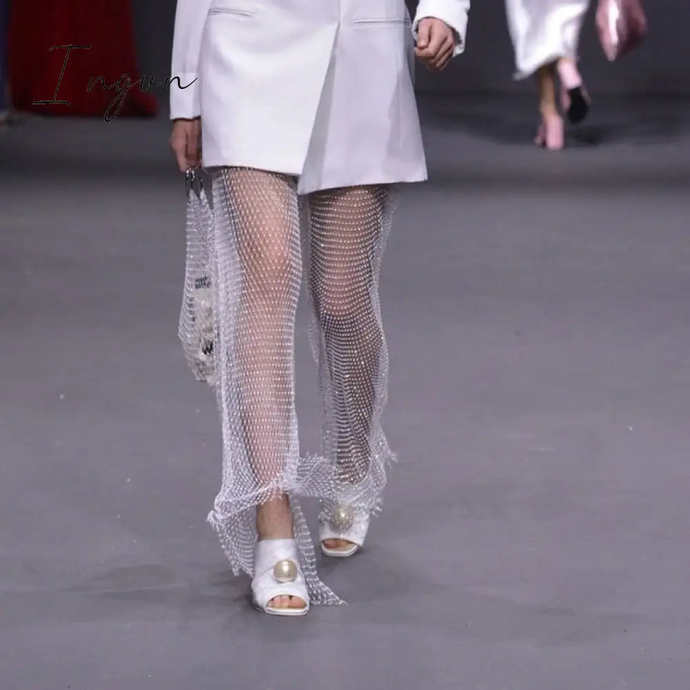 Ingvn - New Crystal Diamond Shiny Women Pants Summer Sexy Hollow Out Elastic Fishnet Trousers Fashion See Through Beachwear