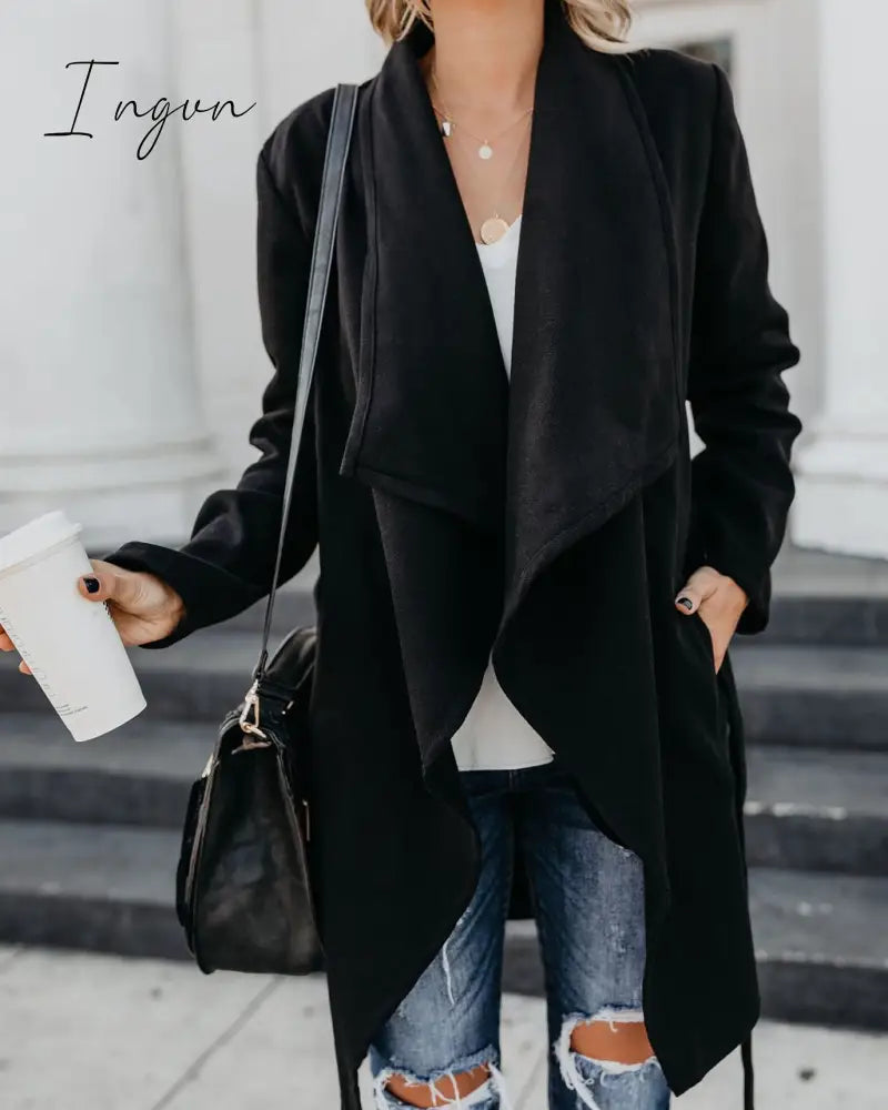 Ingvn - Autumn Midi-length Women's Trench Coat Long Sleeve Lace Up Pocket Female Coats Winter Warm Fashion Loose Ladies Outerwear