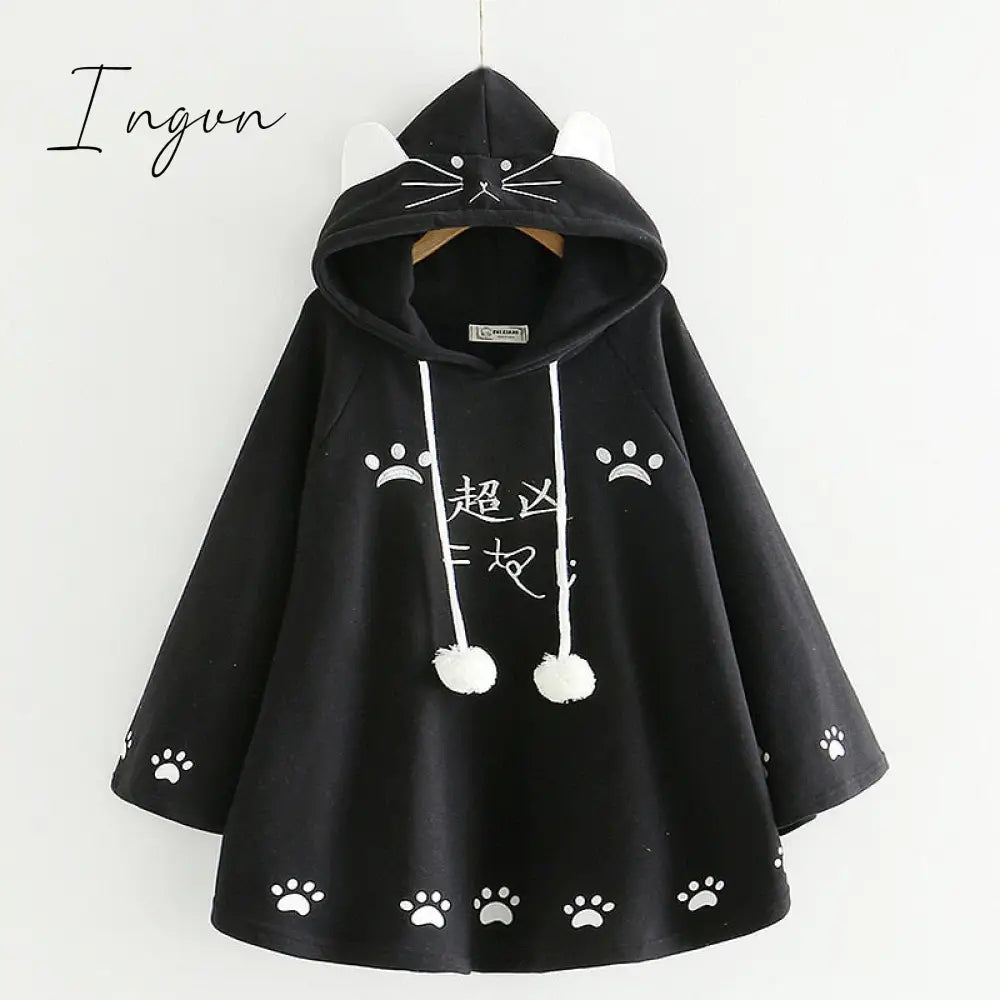 Ingvn - Lolita Cloak Harajuku Hoody Cloak Japanese Angry Cat Christmas Deer Fleece Cape Loose Pullover Batwing Sleeve Hoodie Coat