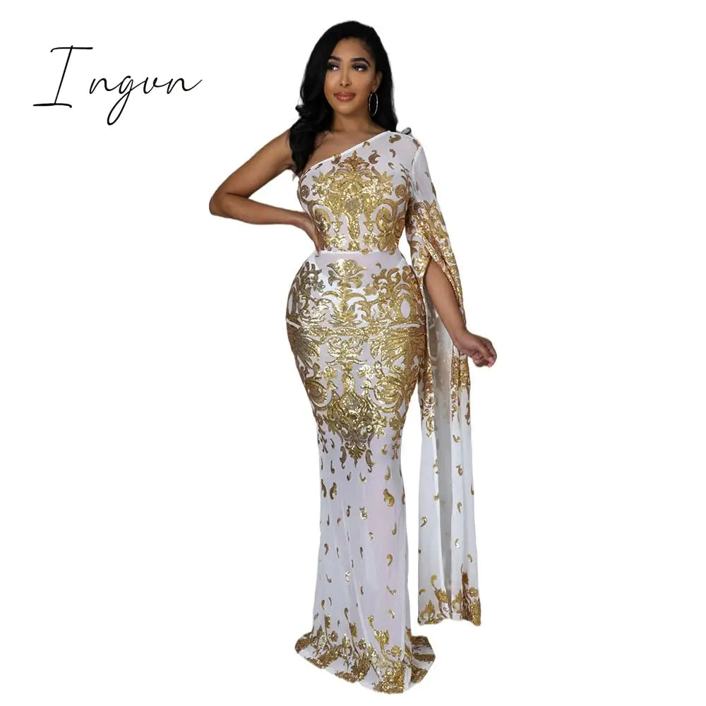Ingvn - Sexy Mesh See Though Evening Dresses Sequins Women  Dress Dress One Shoulder Night Party Clothing Skew Collar Vestidos