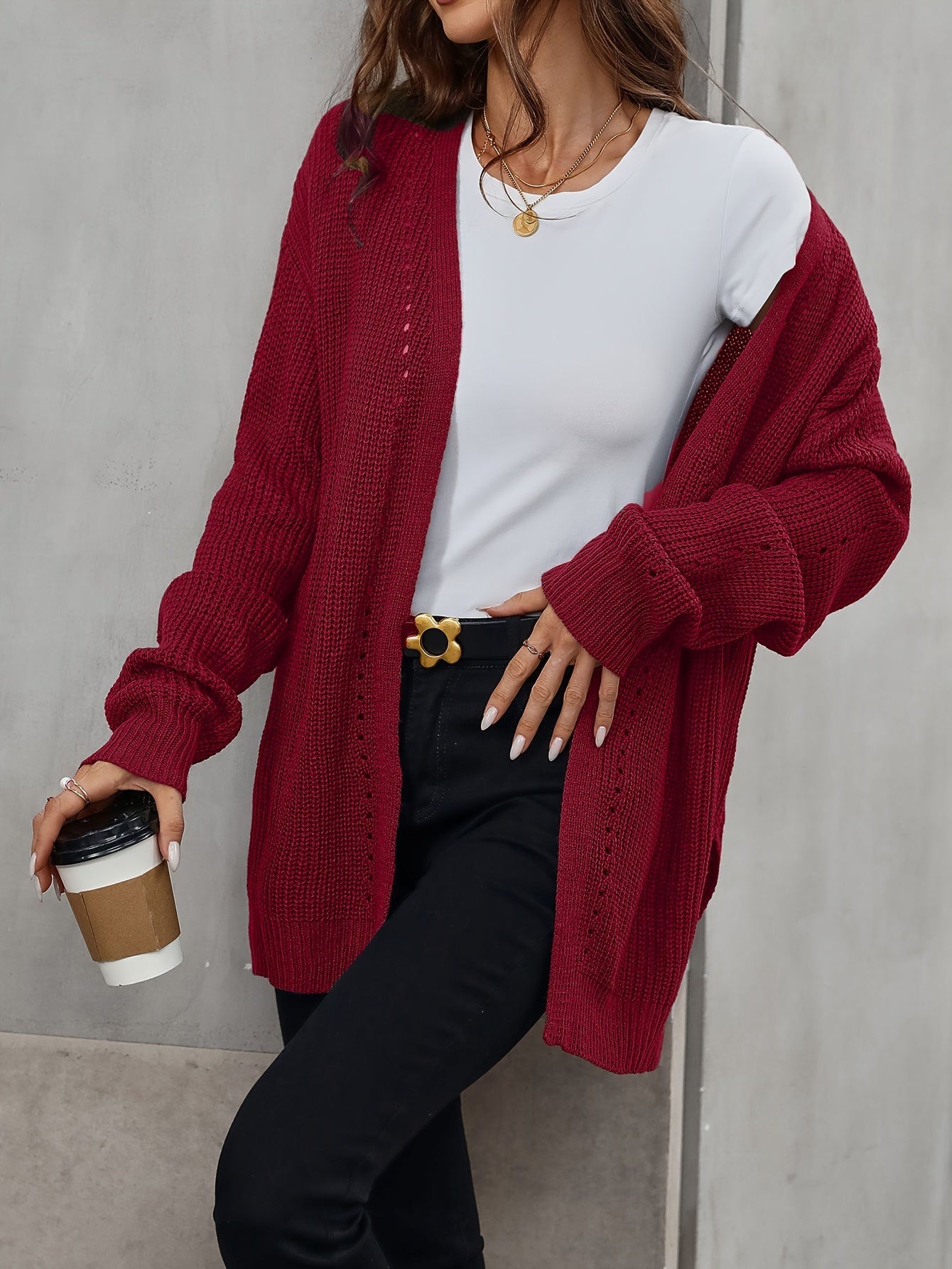 Solid Color Open Front Cardigan, Casual Long Sleeve Cardigan For Fall & Winter, Women's Clothing