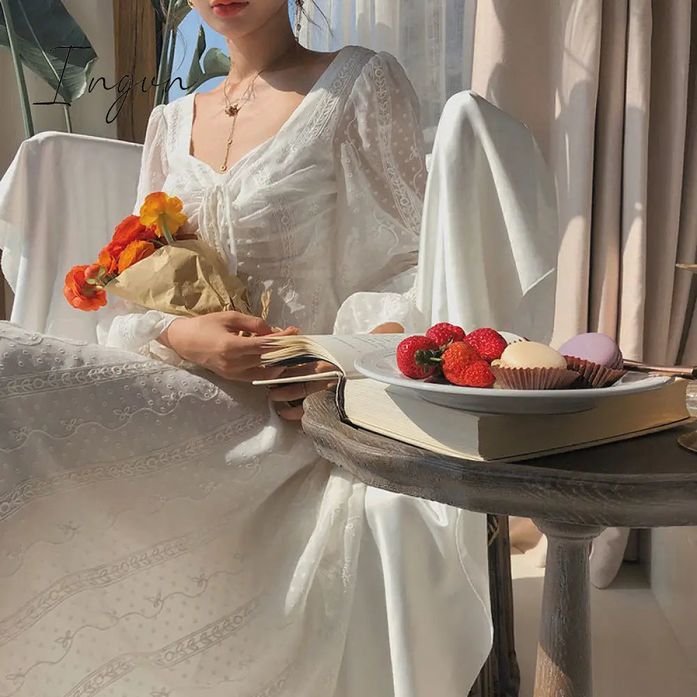 Ingvn - Vintage Fairy Dress Women Elegant Designer Chiffon Dress Long Sleeve French Party Midi Dress Casual Women's Clothing Autumn