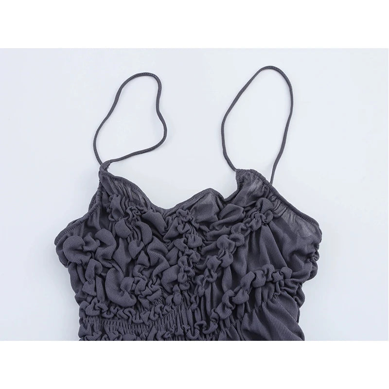 New Women Sexy Spaghetti Straps O Neck Ruched Asymmetrical Dress Holiday Summer Midi Vestidos