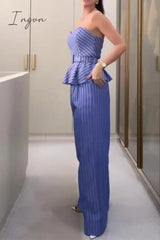 Ingvn - British Style Celebrities Striped With Belt Strapless Sleeveless Two Pieces