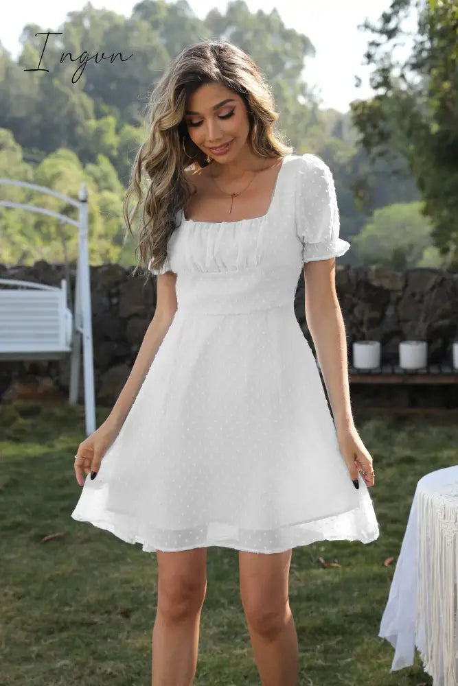 Ingvn - Ruched Bust Lantern Sleeve Swiss Dot Chiffon Dress