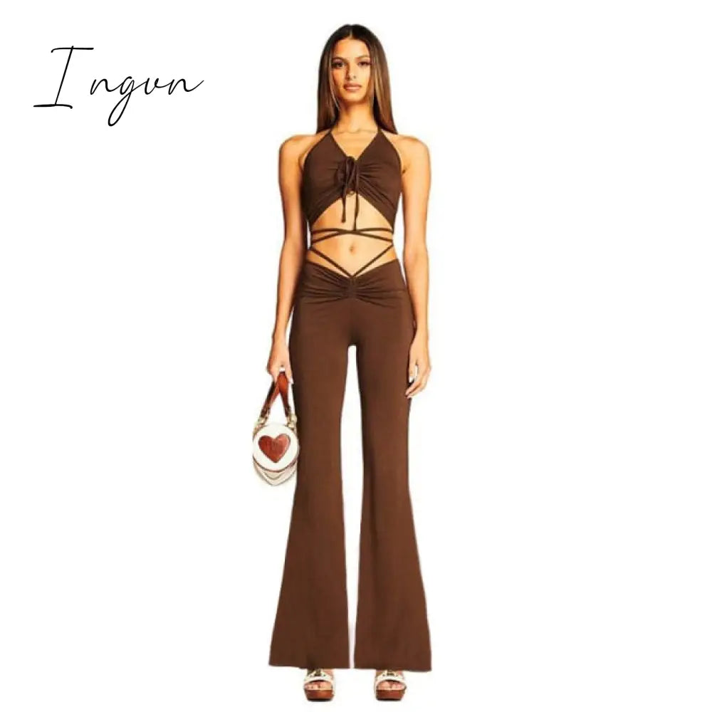 Ingvn - Halter Criss-Cross Crop Top And Women's Drawstring Pants Matching Sets Skinny Hollow Out Sexy Two Piece Set For Women