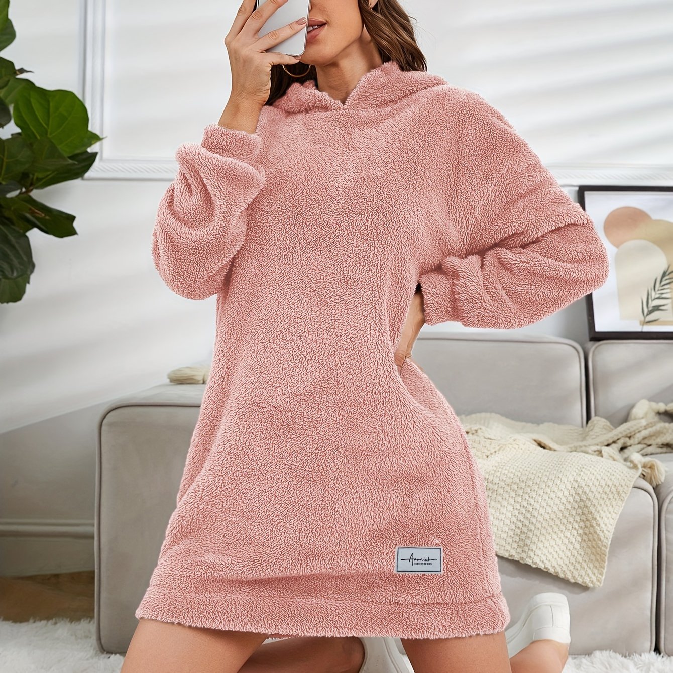 Comfortable All-Season Hooded Tunic Dress - Women's Casual Polyester, Warm and Machine-Washable, Stylish Solid Color for Easy Matching