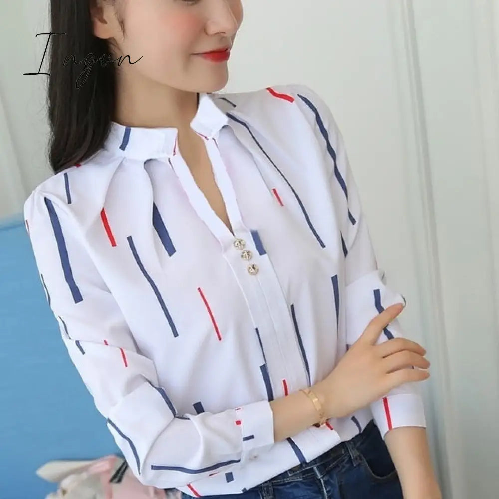 Ingvn - Plus Size Women White Tops and Blouses Fashion Stripe Print Casual Long Sleeve Office Lady Work Shirts Female Slim Blusas