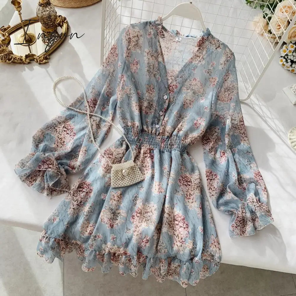 Ingvn - Mothers Day Gifts new fashion women's French dress female temperament V-neck long-sleeved chiffon floral dresses