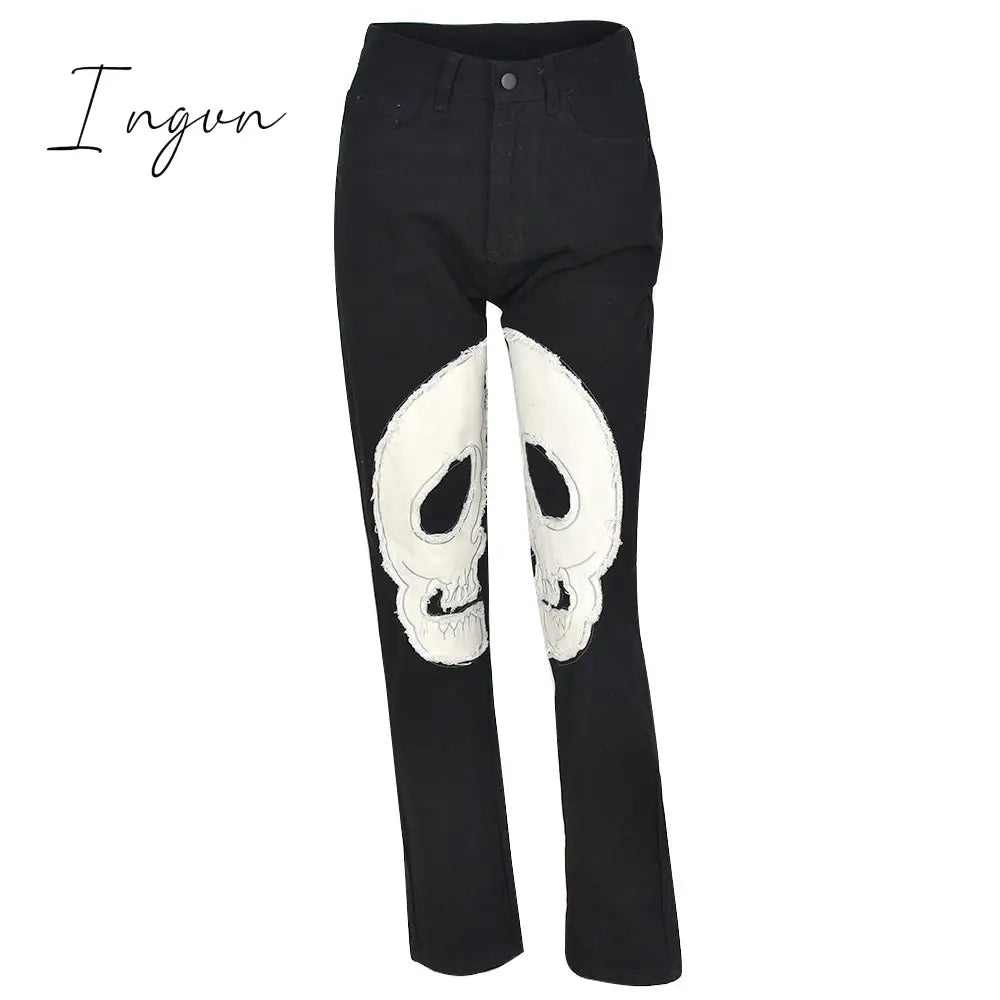 Ingvn - Womens Fashion Skull Patterned Low Rise Jeans Streetwear Women Clothing Black Denim Trousers Cyber Y2k Aesthetic Goth Pants C82-DI53