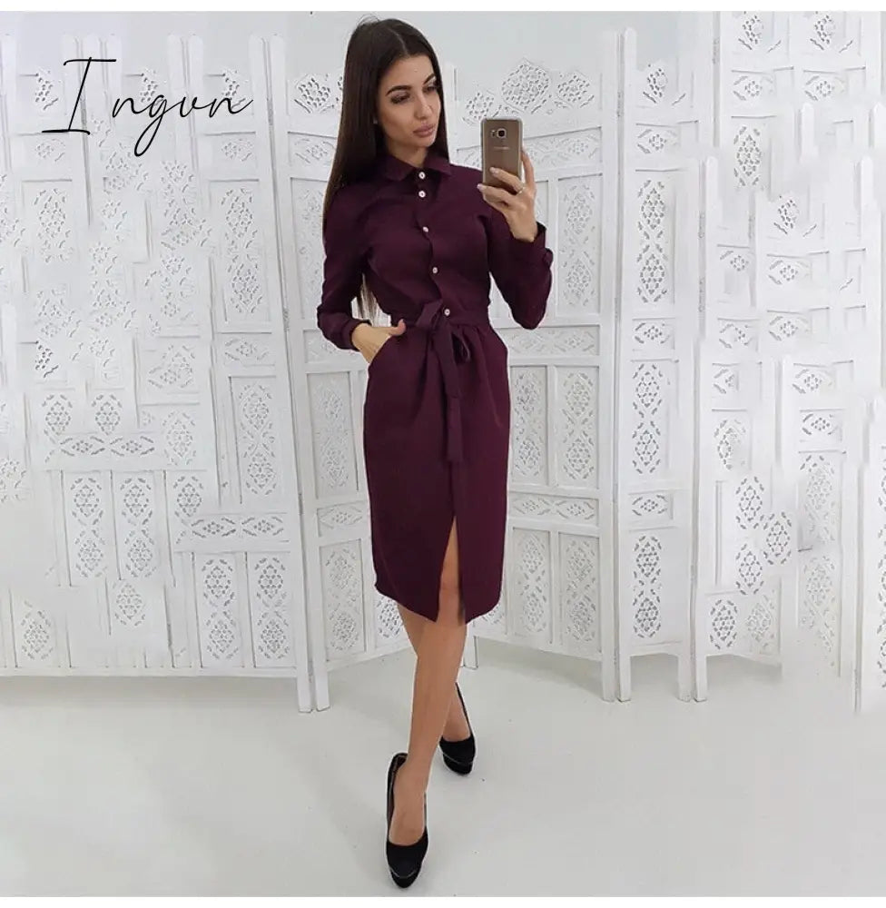 Ingvn - Lady Office Dress Autumn Long Sleeve Shirt Dress Fashion Turn-down Collar Single-breasted Party Dresses Платье  Casual Vestido