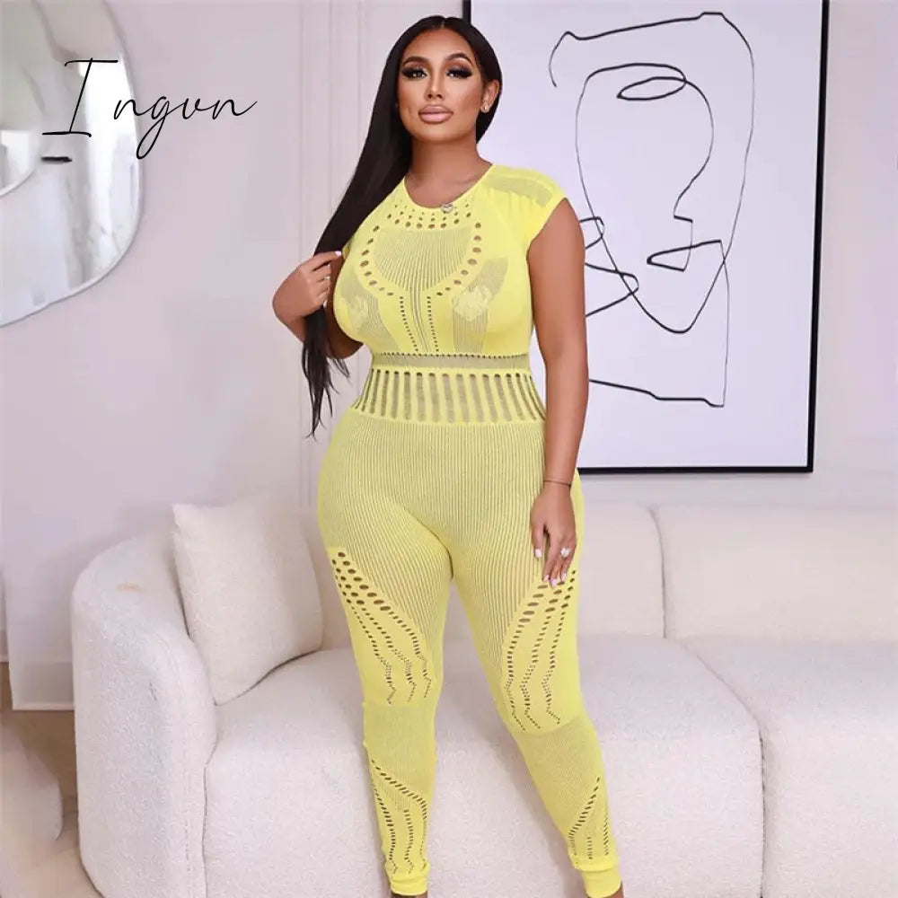 Ingvn - Hollow Out Knitted Mesh Jumpsuits Women Sexy See Through Long Sleeve Hipster Stretchy Skinny Overalls Clubwear Romper