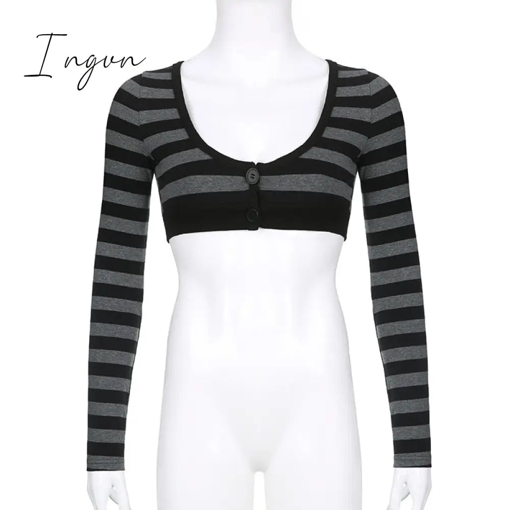 Ingvn - Y2K Striped Crop Top Button Knitted Full Sleeve T Shirt V Neck Vintage Grunge Tee Autumn Winter Women Harajuku Outfits