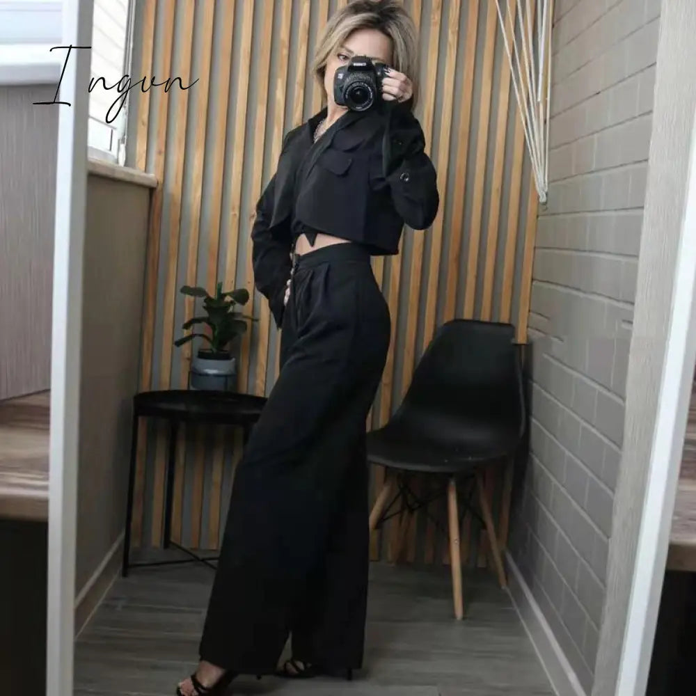 Ingvn - Spring Outfits Trends Korean Summer Two Piece Set Women Crop Top Sexy Lace-up Blazer Coat + High Waist Pants Suit Sets Autumn Streetwear 2 Piece Sets