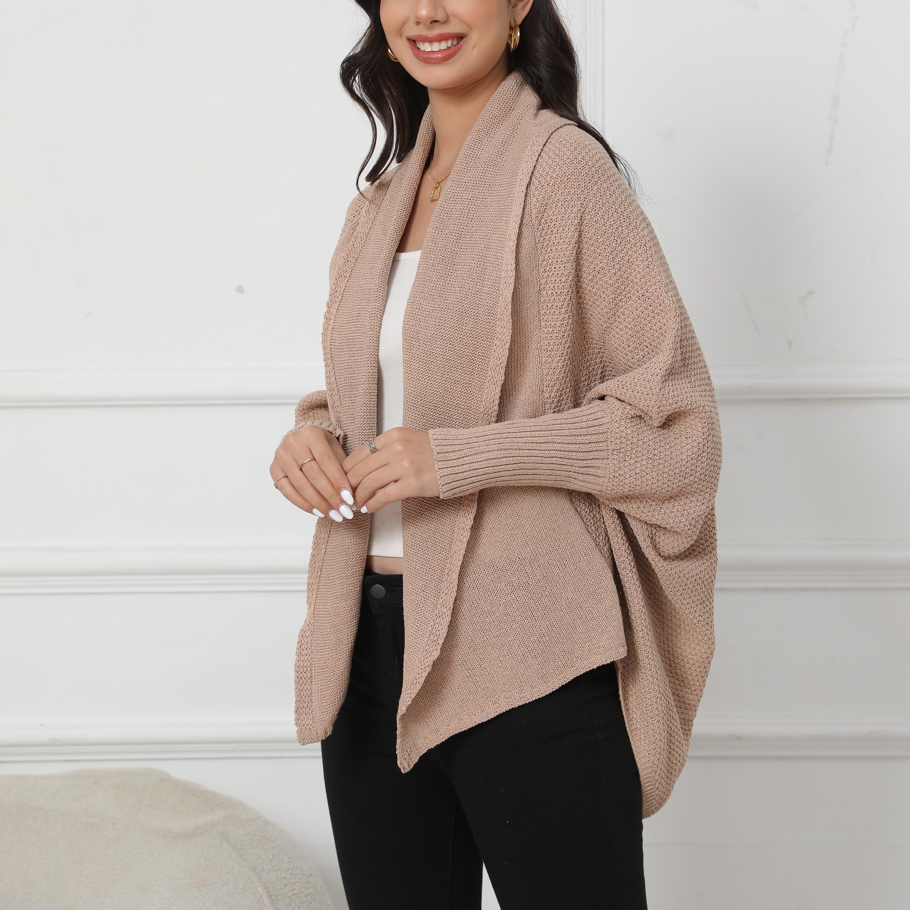 Solid Open Front Knit Cardigan, Casual Batwing Sleeve Outwear For Spring & Fall, Women's Clothing