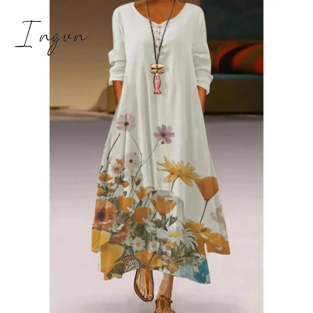 Ingvn - Fashion Summer Maxi Dress Women's Printed Sundress Casual Short Sleeve Vestidos Female High Waist Robe Femme midi elbise