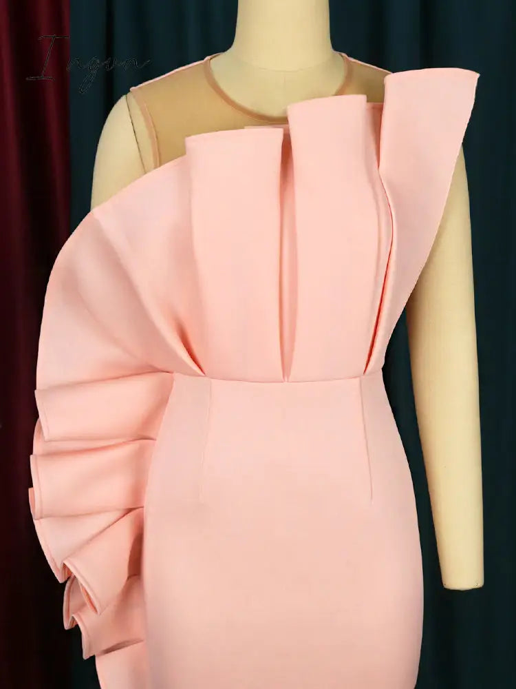 Ingvn - Fashion Trends Women Pink Dress Party Ruffle Stylish Occasion Celebrate Sleveless Mesh Patchwork Elegant Slim Summer Homecoming Robe Gowns