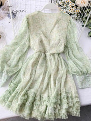 Ingvn - New Fashion Cyber Celebrity Chiffon Floral Print Dress Female Spring Summer French Retro Super Fairy Sweet V-neck Short A-line Dress ML857
