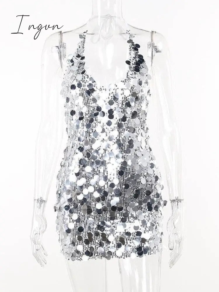 Ingvn - Fashion Sequins Mini Dress Women Halter V Neck Sleeveless Backless Sparkle Dresses Female Glitter Sexy Party Club Dress