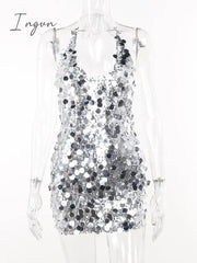 Ingvn - Fashion Sequins Mini Dress Women Halter V Neck Sleeveless Backless Sparkle Dresses Female Glitter Sexy Party Club Dress