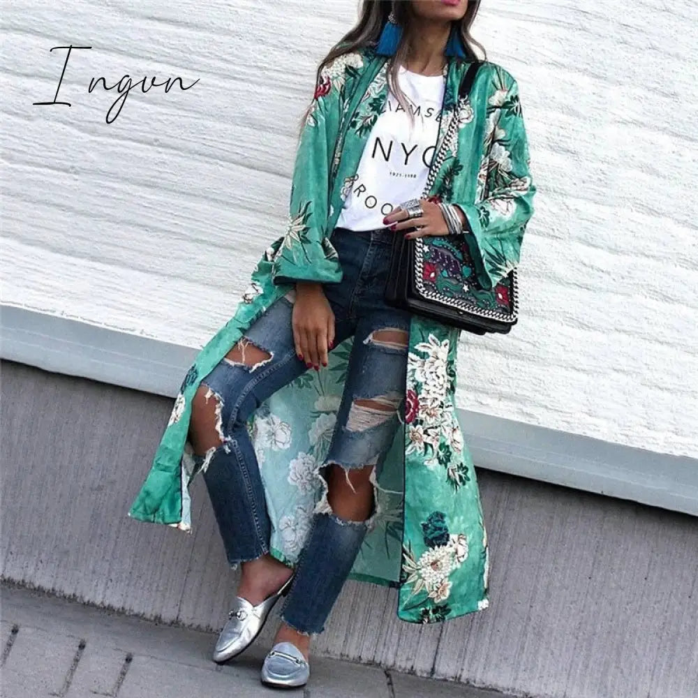 Ingvn - Chiffon Loose Shawl Kimono Long Blouse For Women Full Sleeve Floral Boho Shirts Top Ladies Girls Flower Cardigans Blusa Clothing