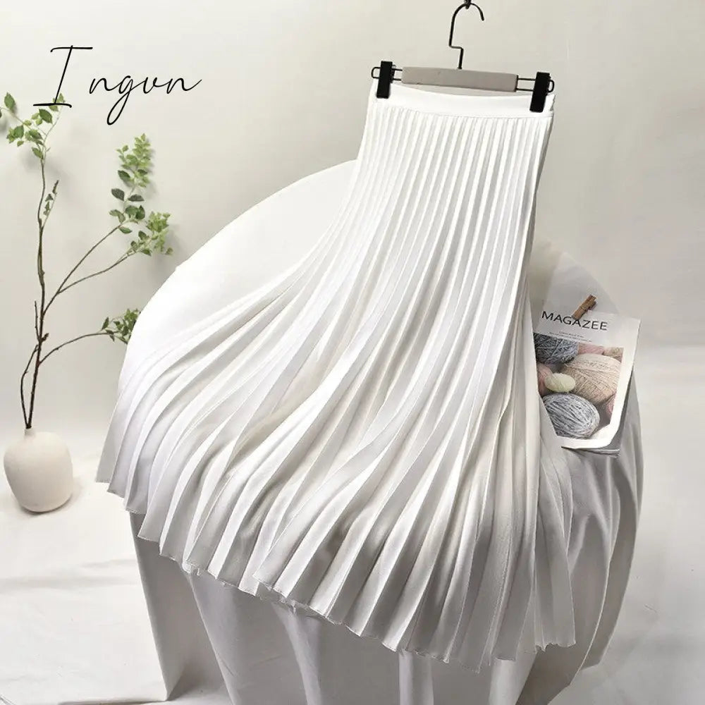 Ingvn - Brand Designer Women Spring Autumn Elegant Chic Solid Pleated Skirt High Waist Luxury Fashion With Elastic Female C-035