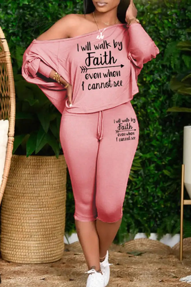 Ingvn - Pink Plus Size Casual Letter Patchwork Draw String Printing One Shoulder Plus Size Two Pieces
