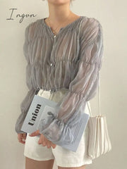 Ingvn - Korean Fashion Pleated Casual Blouse Women Summer New Loose Folds Perspective Chiffon Shirt Long Sleeve Tops Blusas Mujer 15624