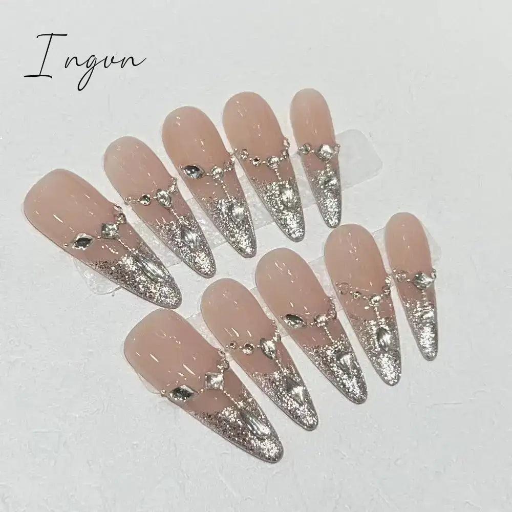 10Pcs Handmade Nails Set Press on Long Almond False Nail with Rhinestone Pink Camellia Design Reusable Full Cover Fake Nail Tips
