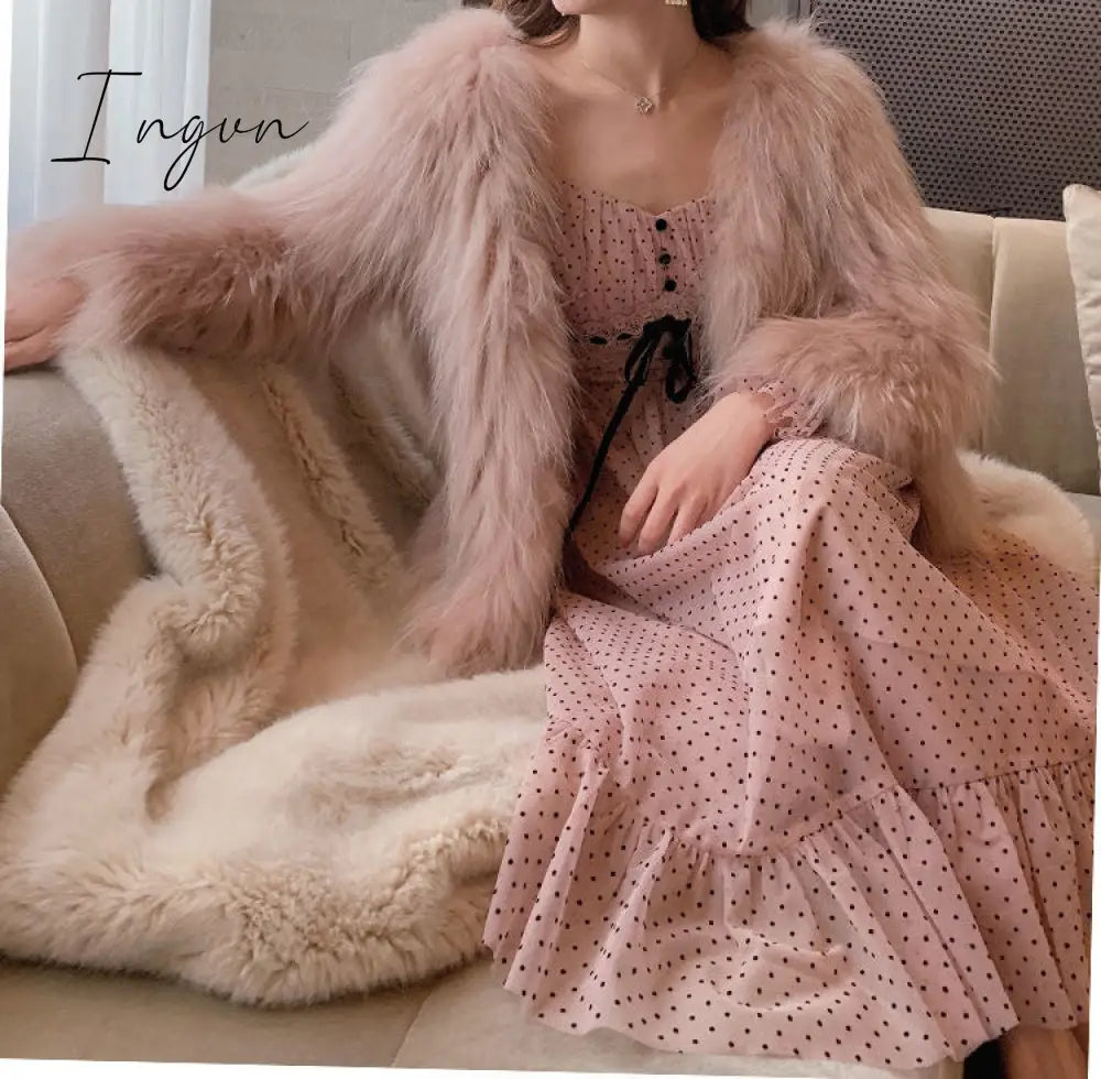 Ingvn - French Vintage Midi Dress Women Puffer Sleeve Square Collor Office Elegant Dress Female Spring Dot One Piece Dress Korean