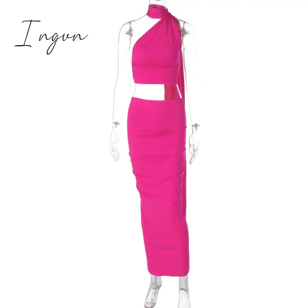 Ingvn - Fashion Backless Sexy Dress Set Women Halter Back Strap Crop Top And Maxi Skirt Female Elegant Bodycon Two Piece Set