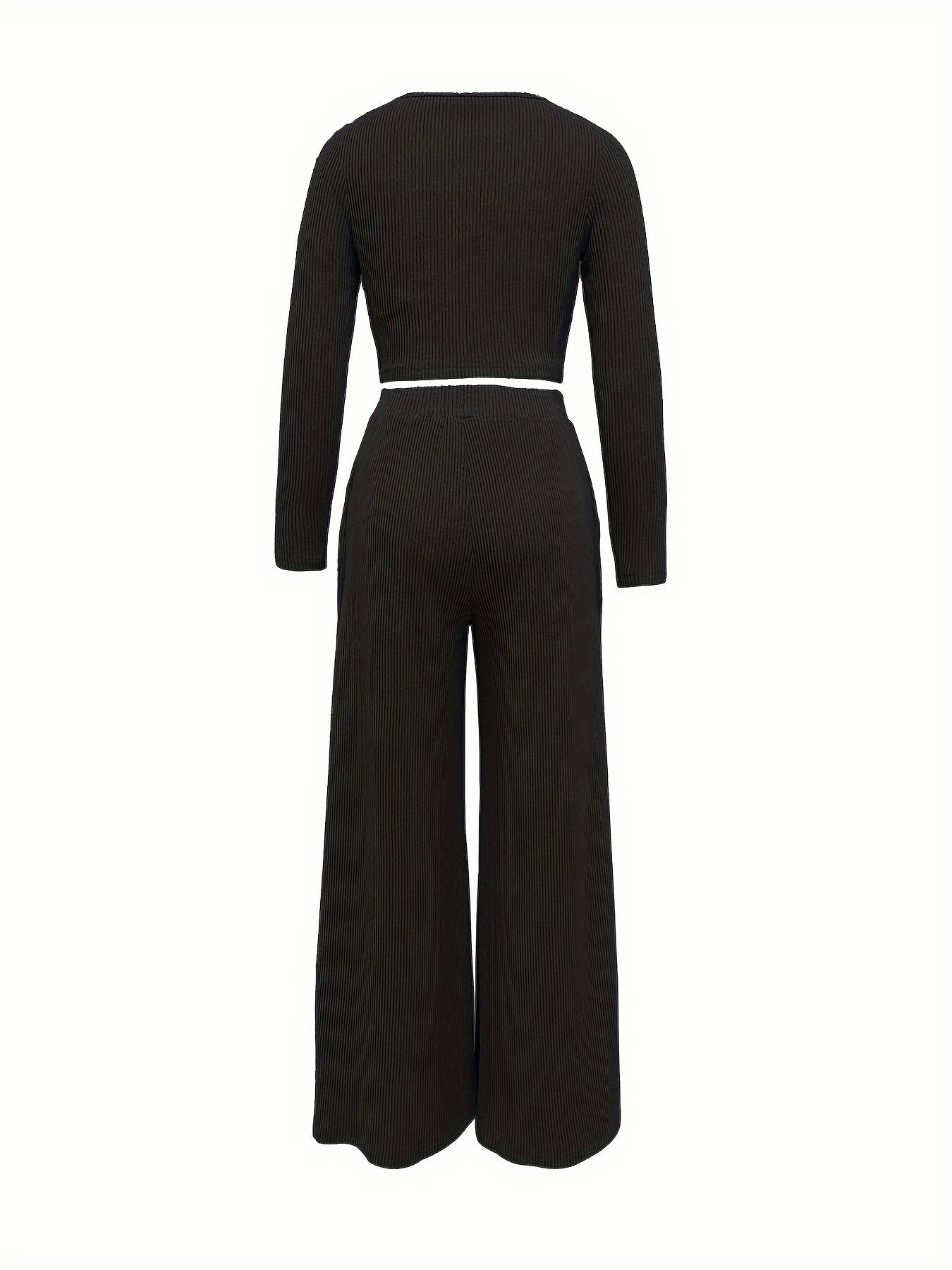 Chic Solid Two-Piece Set - Soft Knit Crew Neck Top & High Waist Wide Leg Pants - Comfortable Casual Outfit for Women